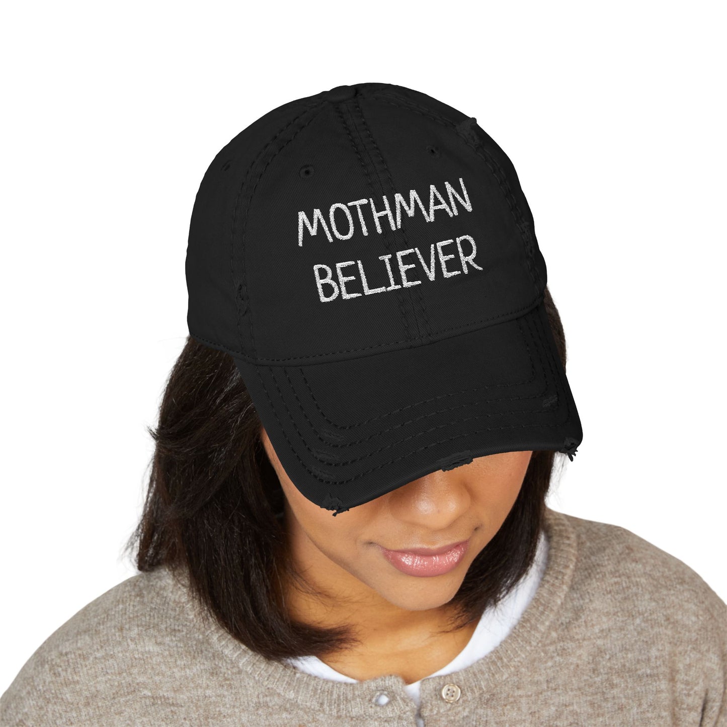 Mothman Believer Hat Black Distressed Hat for Cryptid Lovers Paranormal Fans Unisex Adjustable Gift Weirdcore UFO Urban Legend Style