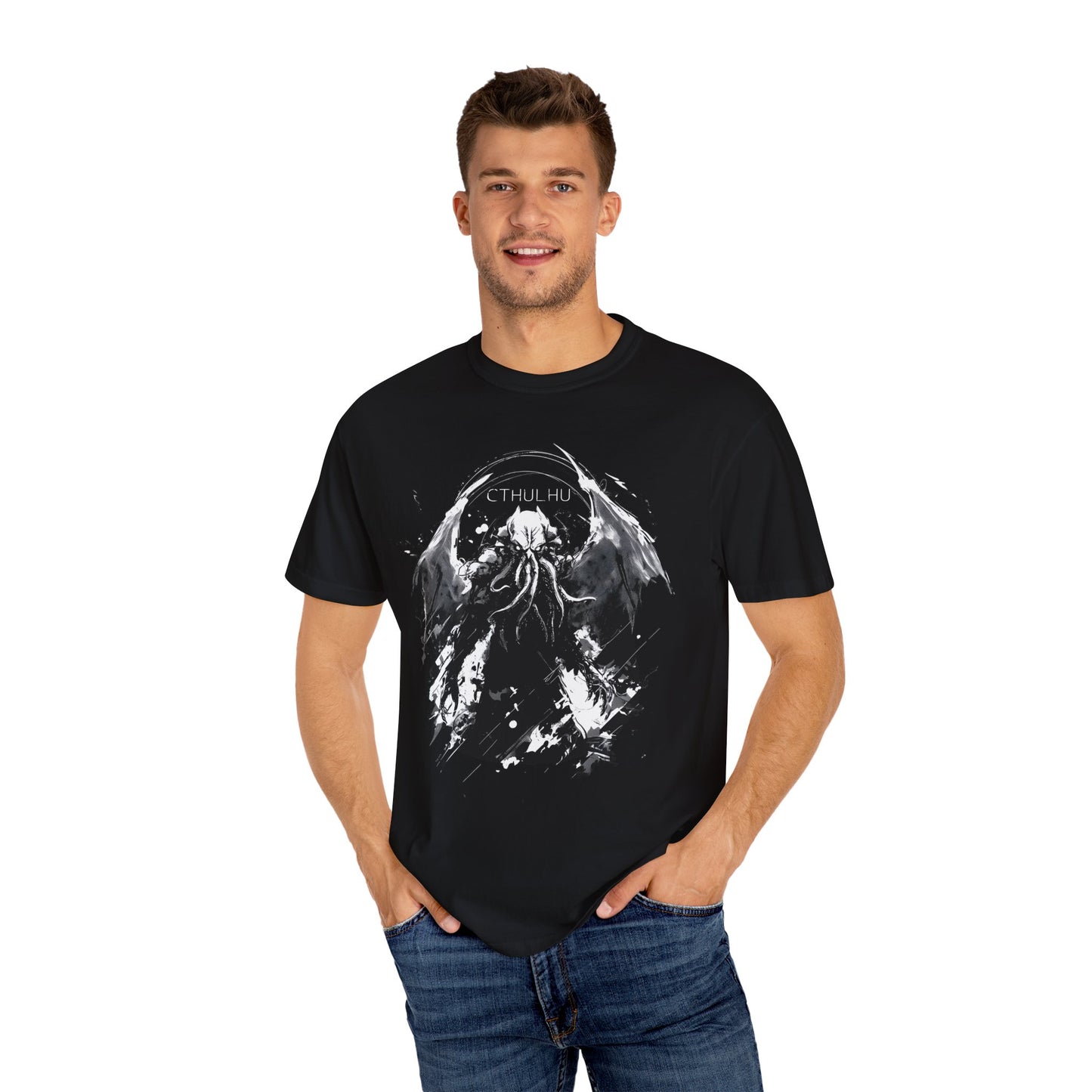 Cthulhu Cryptid Shirt Lovecraft Horror T-Shirt Garment Dyed Unisex Tee Cosmic Monster Graphic Black Occult Shirt