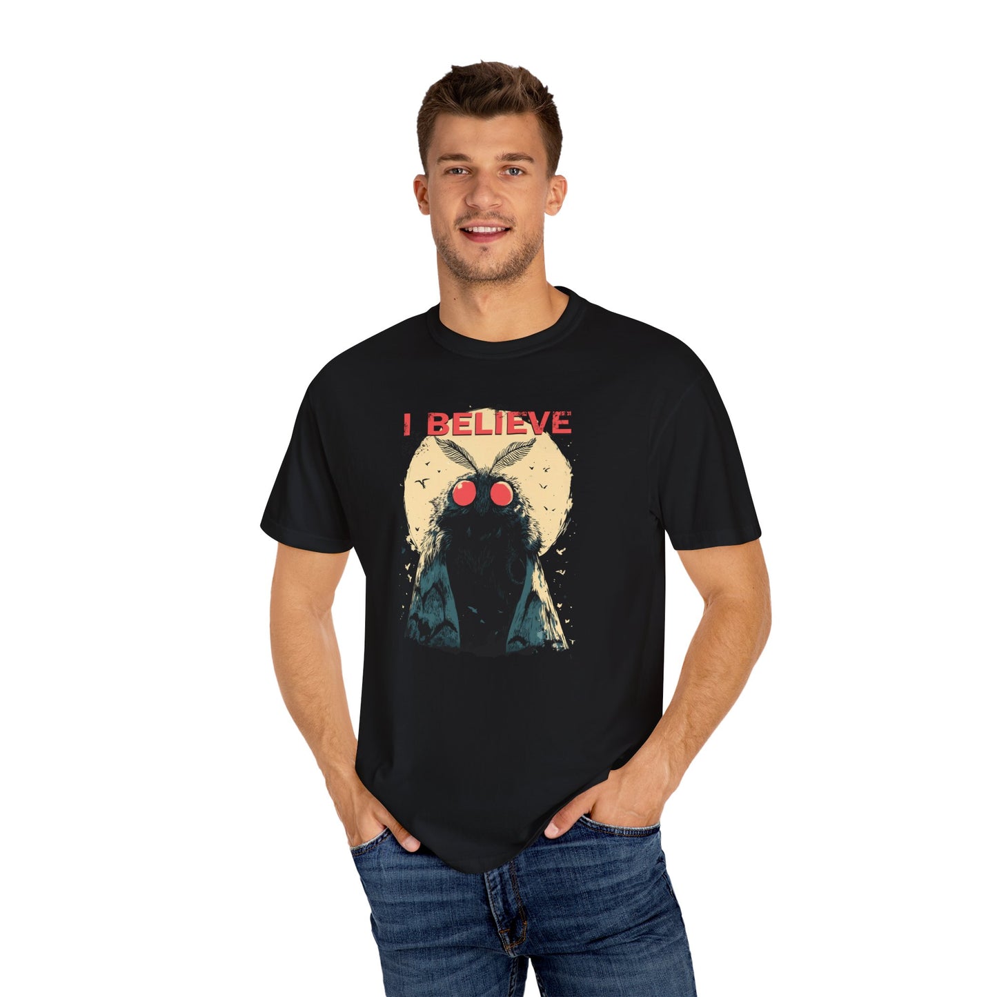 I Believe Moth Unisex T-Shirt, Graphic Tee, Gift for Entomology Lovers, Unique Tee for Halloween, Fun Statement Shirt